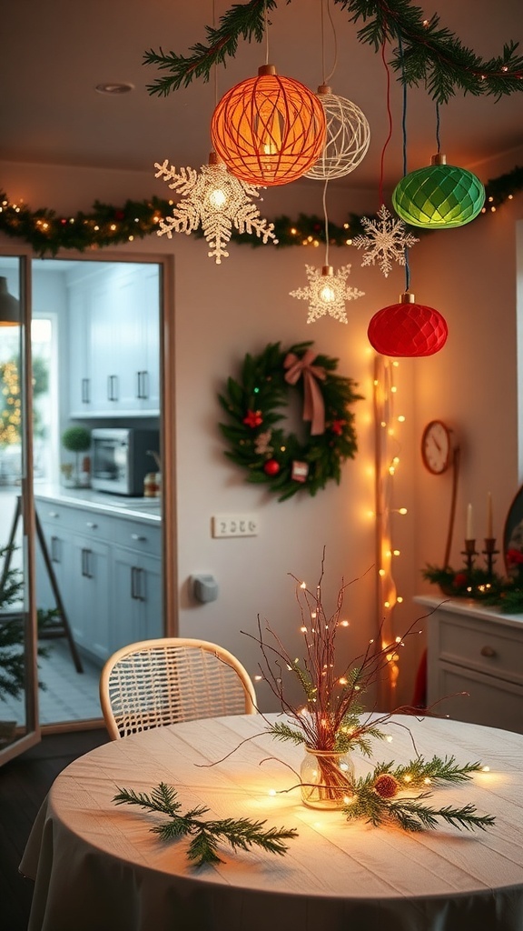 A cozy Christmas room with DIY decorations including a wreath, paper ornaments, and a festive table centerpiece.